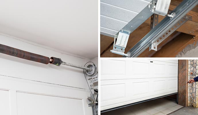 Collage of broken springs worn roller and noisy garage door