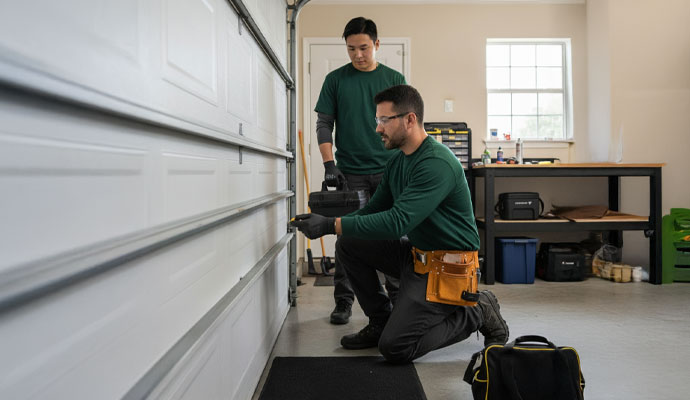 Two professional installing garage door with equipment Professional team installing garage door