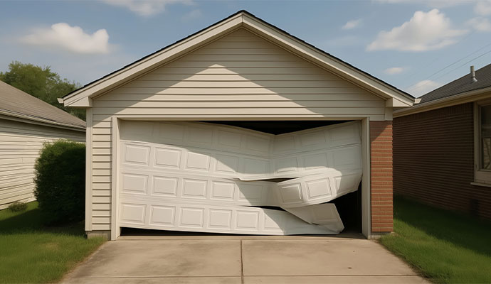 A fully damaged garage door