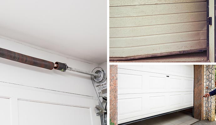 Collage of broken garage door spring, misaligned garage door and newly installed garage door