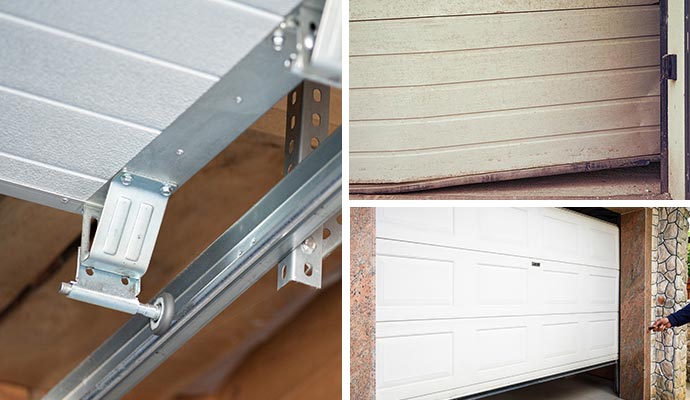 Collage of broken worn rollers, misaligned garage door and newly installed garage door
