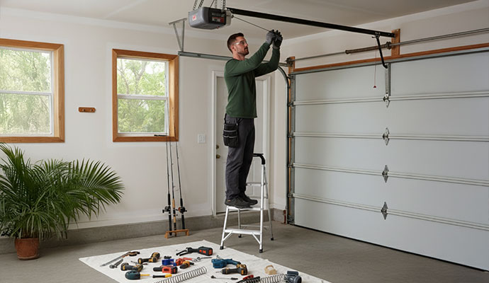A professional repairing garage door with equipment A professional repairing garage door