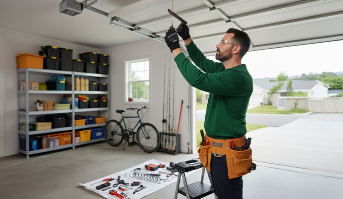 A professional repairing garage door with equipment