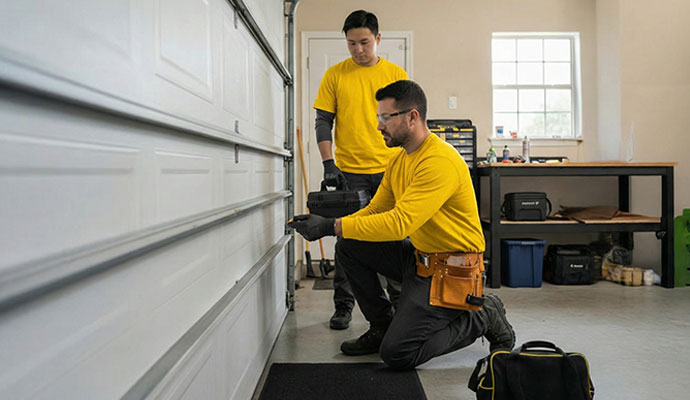 Two professional technicians inspecting door panels