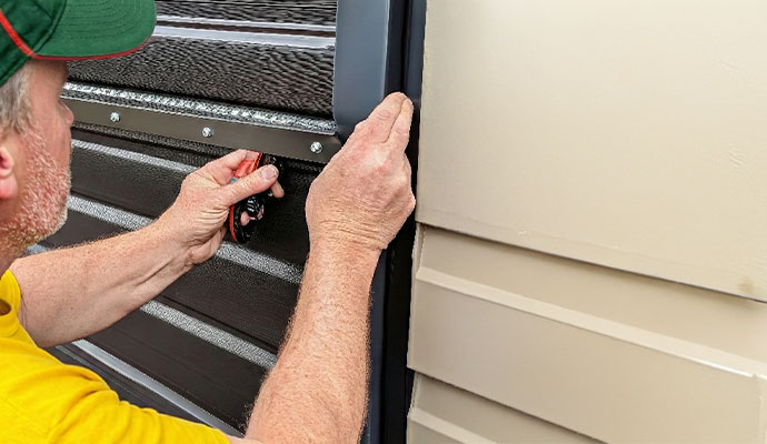 Technician installing a new weather seal on a garage door frame