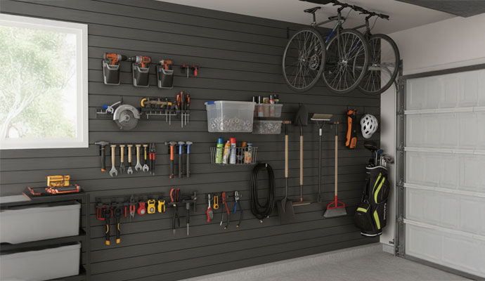A garage wall with installed slat wall system