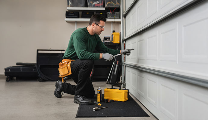 A professional repairing a garage door