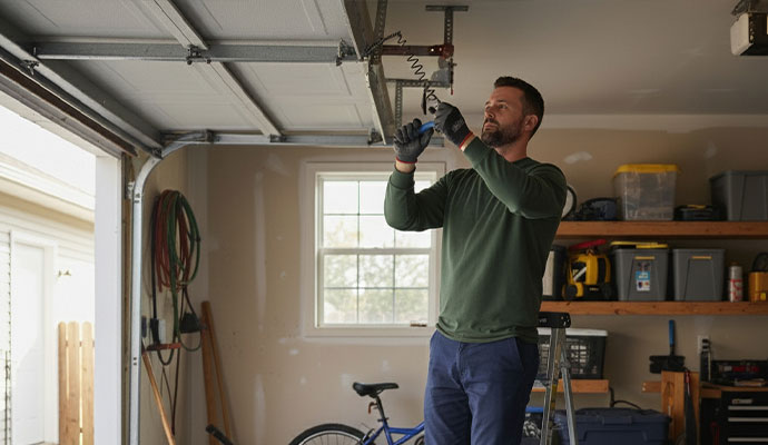 A professional inspecting garage door opener