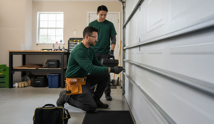 Two professionals installing garage door